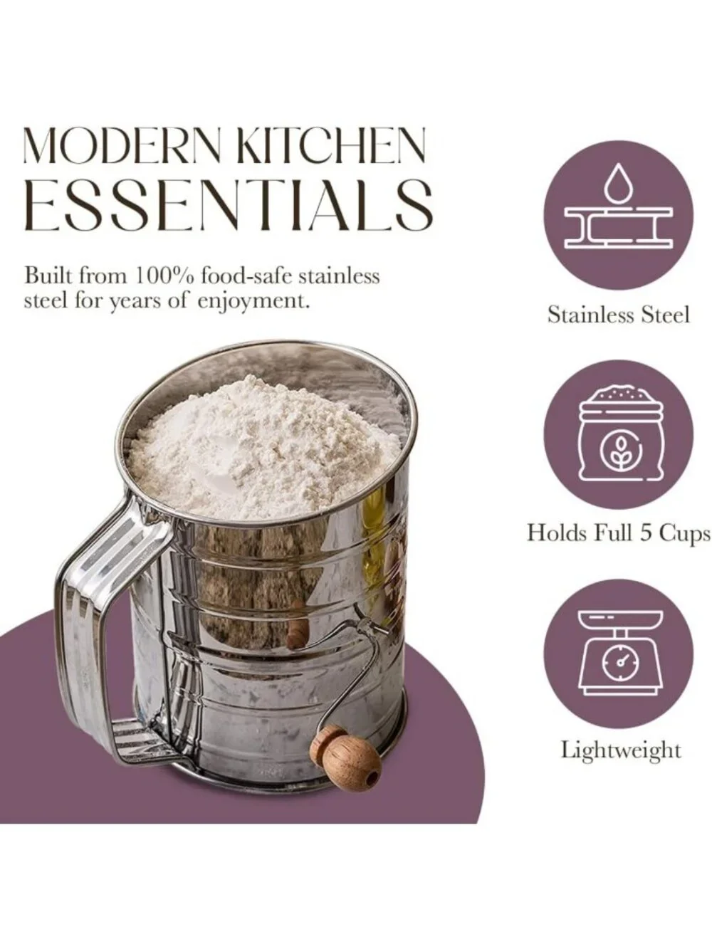 5-Cup Flour Sifter for Baking - Fine Mesh Rotary Hand Crank & Loop Agitator